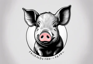 minimalist tattoo of a cute pig or piglet that contains text: "friends. not food" 

only very thin lines. no shading. black and white only tattoo idea