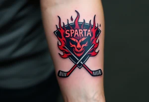 A bold black-and-burgundy Sparta Praha logo with red flames surrounding it and crossed hockey sticks beneath. tattoo idea