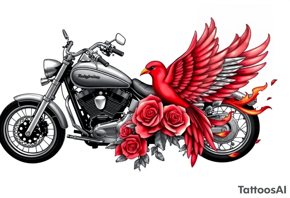 Harley grey motorcycle driving away, two red birds flying, roses, flames, angel wings tattoo idea