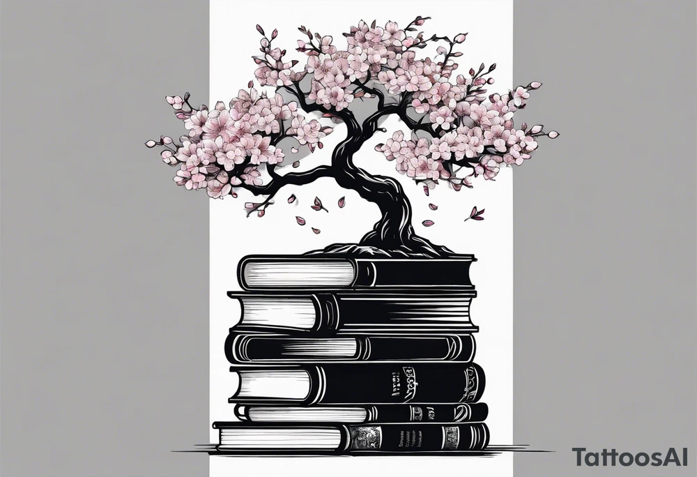 Cherry blossom tree growing out of a stack of books tattoo idea