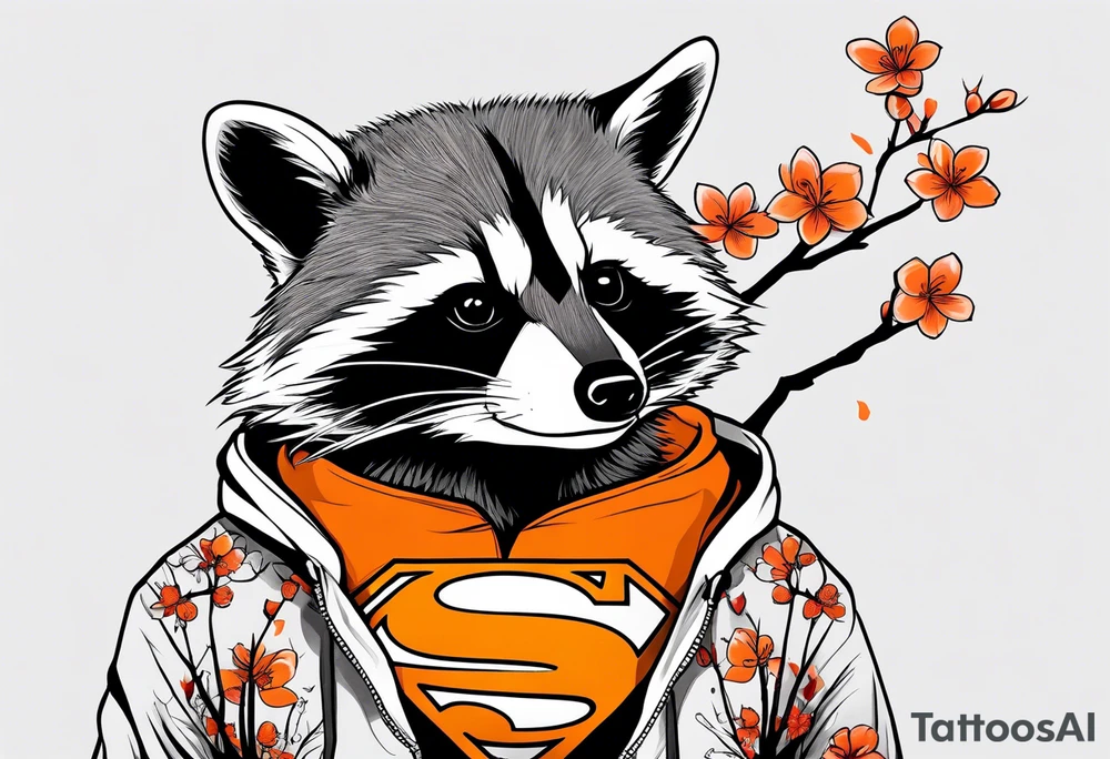 raccoon wearing a black and white Superman hoodie and orange Japanese cherry blossoms tattoo idea