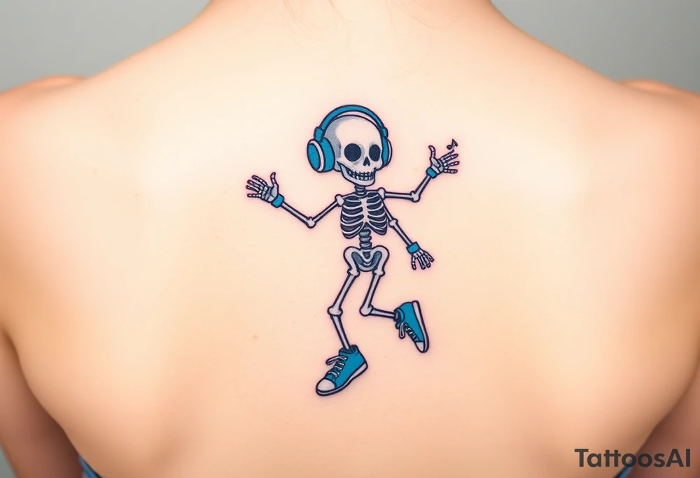 Cute smiling skeleton jumping on a jump rope with blue headphone and blue tennis shoes and blue armbands with nice  music notes on the headphones tattoo idea