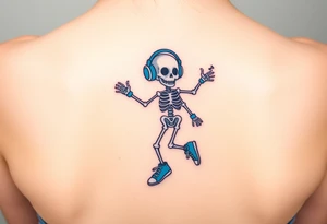 Cute smiling skeleton jumping on a jump rope with blue headphone and blue tennis shoes and blue armbands with nice  music notes on the headphones tattoo idea