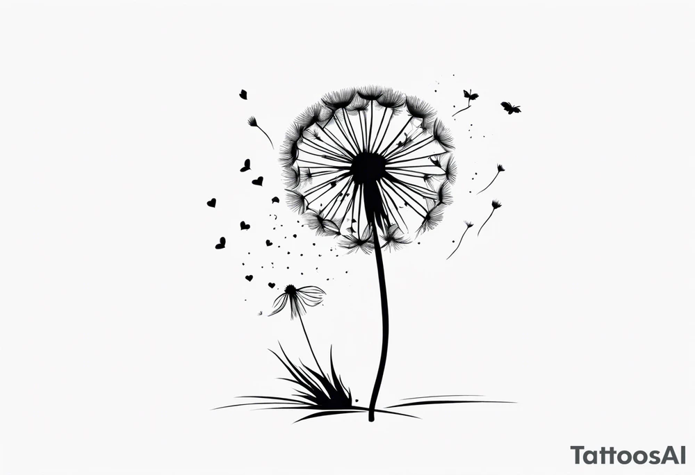 Dandelion with its ligules blowing away, a few legs are tiny hearts, the girls turn into a little bird, flying away to its future tattoo idea