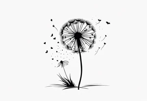 Dandelion with its ligules blowing away, a few legs are tiny hearts, the girls turn into a little bird, flying away to its future tattoo idea