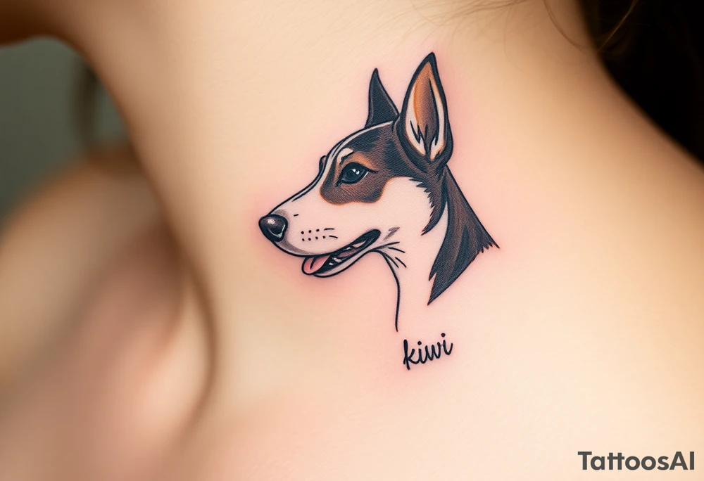 One line tattoo of female dog with white strip going up dog’s snout slightly off centered. Brown brindled and the dogs tongue slightly out with  the name kiwi and Just the colors black  white brown with a small heart near by tattoo idea