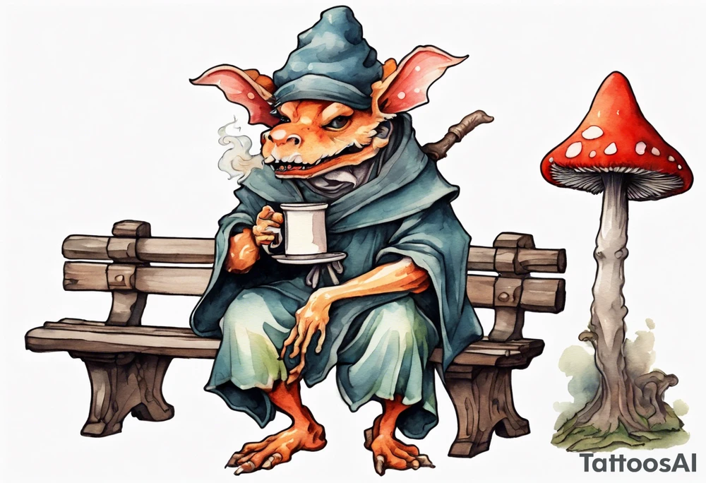 a mushroom kobold
wearing a medieval tunic sitting on a bench by a fireplace drinking from a wood cup, happy tattoo idea