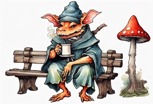 a mushroom kobold
wearing a medieval tunic sitting on a bench by a fireplace drinking from a wood cup, happy tattoo idea