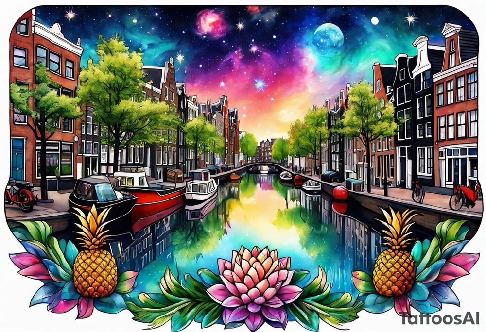 Glass animals and wildlife in Amsterdam canal in space featuring galaxy colours featuring pineapples tattoo idea