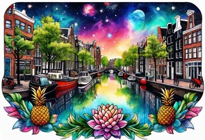 Glass animals and wildlife in Amsterdam canal in space featuring galaxy colours featuring pineapples tattoo idea
