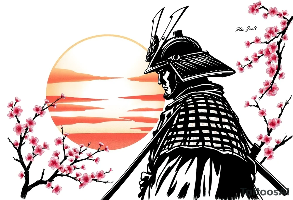 noble samurai warrior silhouette at sunset with cherry blossoms tattoo idea