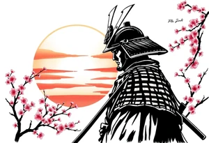 noble samurai warrior silhouette at sunset with cherry blossoms tattoo idea