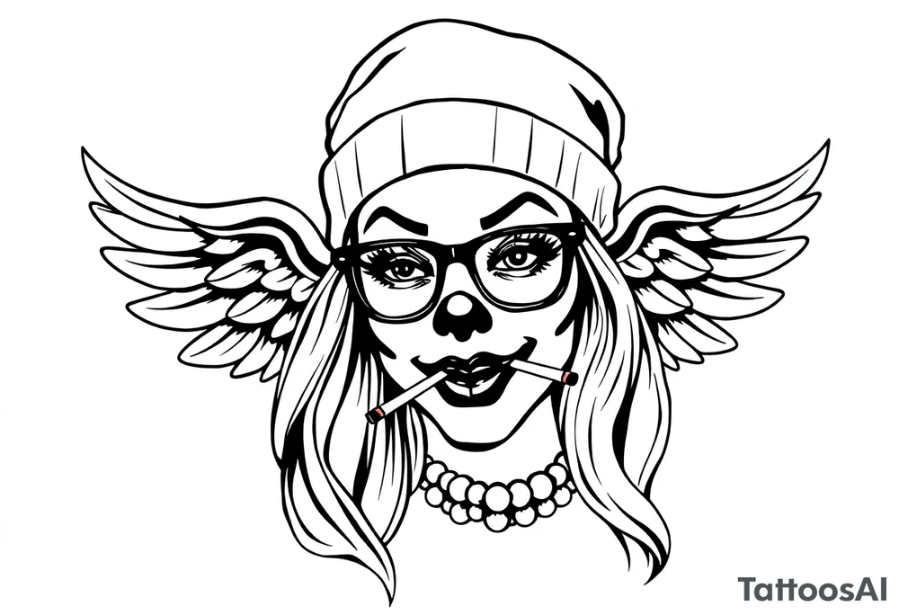 beautiful long hair pin up Clown face Girl payasa  thug beanie eyeglasses  angelic wings smoking a cigarette tattoo idea