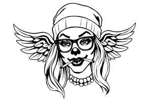 beautiful long hair pin up Clown face Girl payasa  thug beanie eyeglasses  angelic wings smoking a cigarette tattoo idea