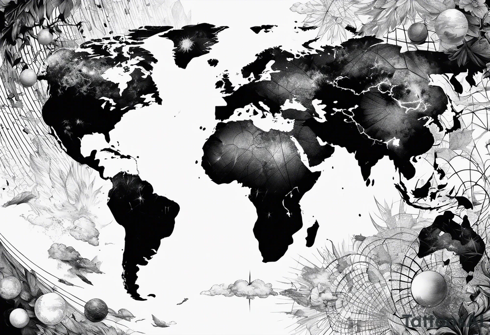 sphere exploding with world map tattoo idea