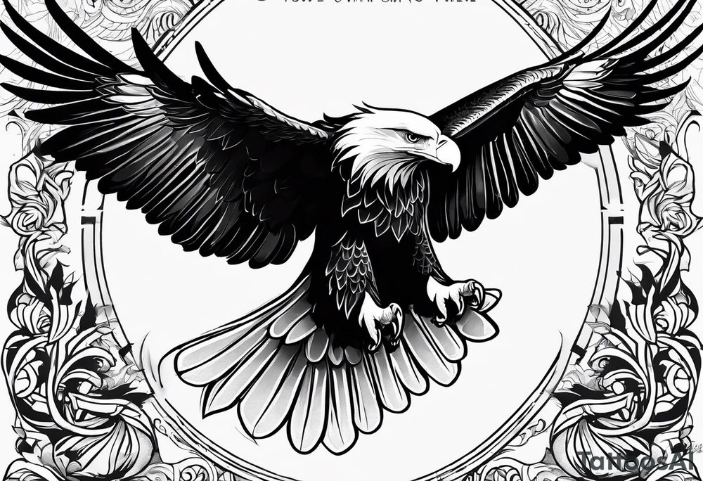An eagle flying with wings out, legs tucked underneath him with the words "LOVE IN FULL" tattoo idea