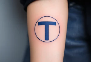 A minimalist "T" in solid navy blue, centered within a thin circle. tattoo idea