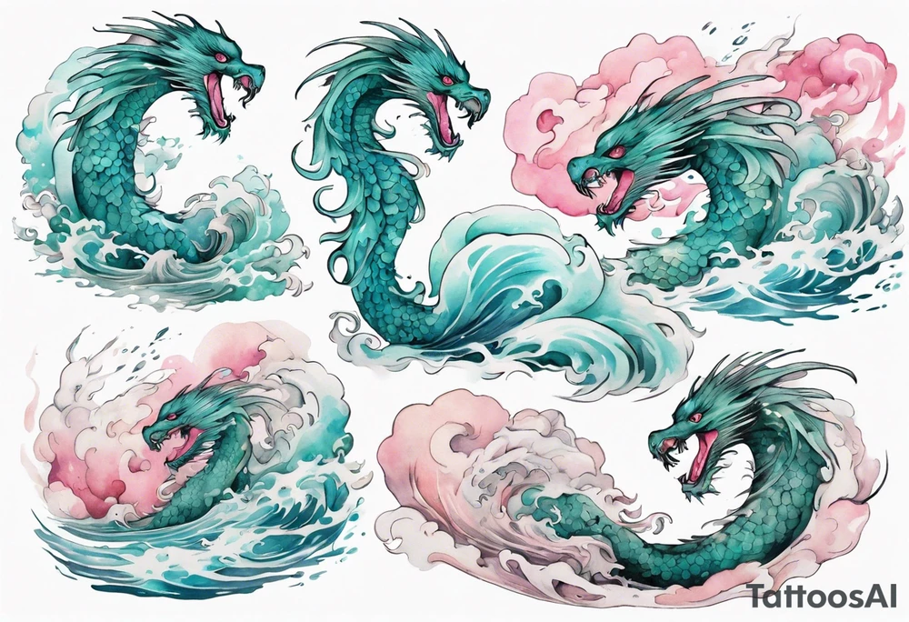 a turquoise and white and pink feathered sea serpent emerging from the stormy sea, kind and beautiful tattoo idea