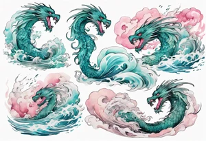 a turquoise and white and pink feathered sea serpent emerging from the stormy sea, kind and beautiful tattoo idea
