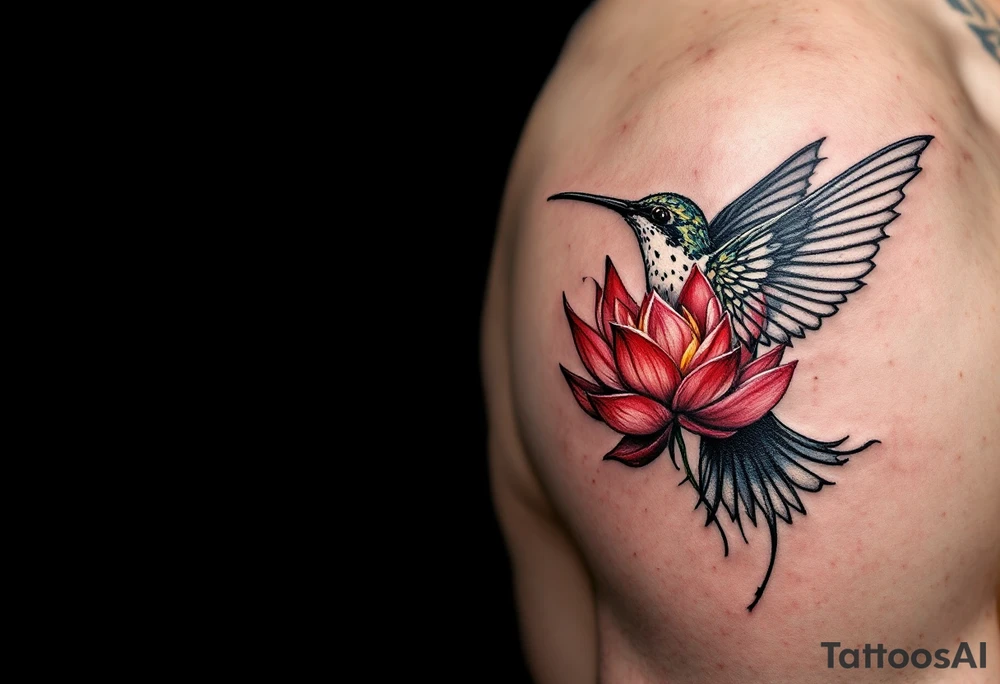 a hummingbird drinking from an egyptian lotus (red and black) tattoo idea