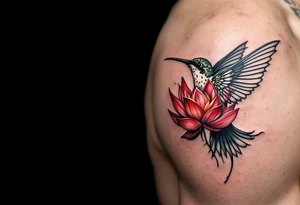 a hummingbird drinking from an egyptian lotus (red and black) tattoo idea