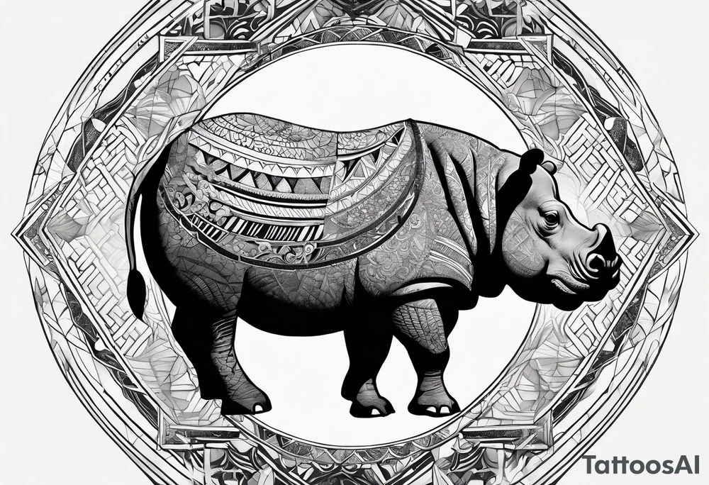 Asymmetrical, geometric, chinese ink art touch, hippo , full moon, tribal tattoo idea