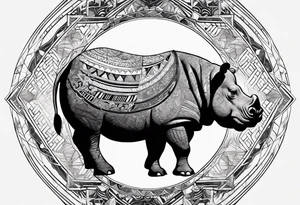 Asymmetrical, geometric, chinese ink art touch, hippo , full moon, tribal tattoo idea