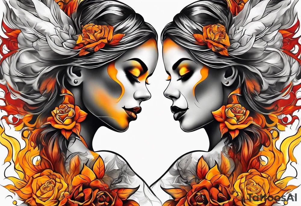 Woman orange yellow red inhaling smoke skull showing through skin tattoo idea