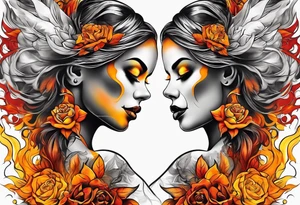 Woman orange yellow red inhaling smoke skull showing through skin tattoo idea