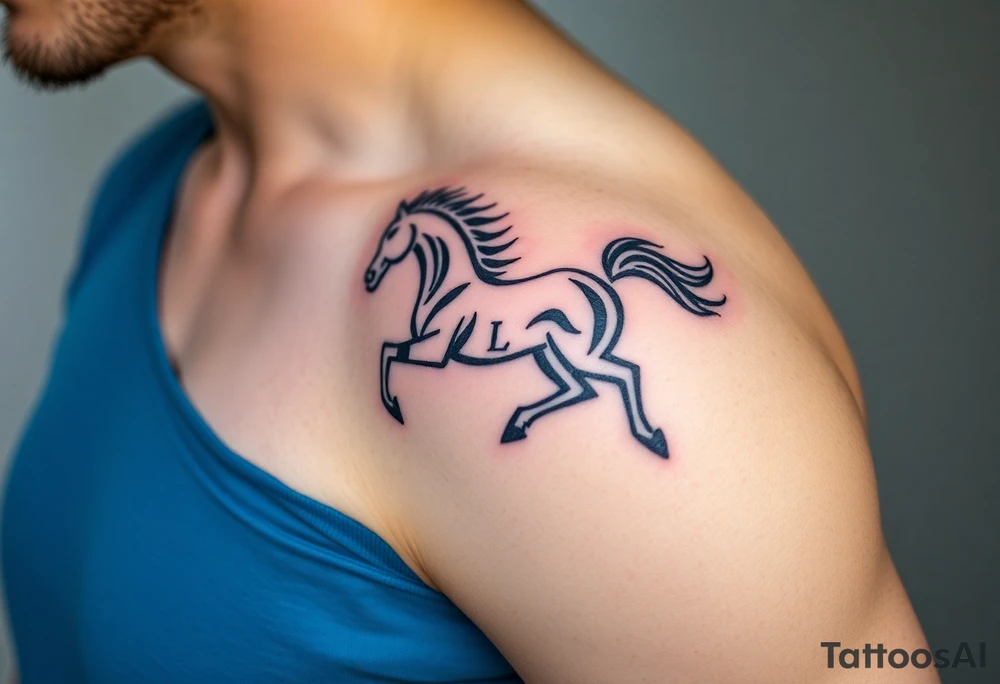 horse silhouette 
from the front which gallops from the front, with the 3 small letters discreetly integrated: L, A, M tattoo idea