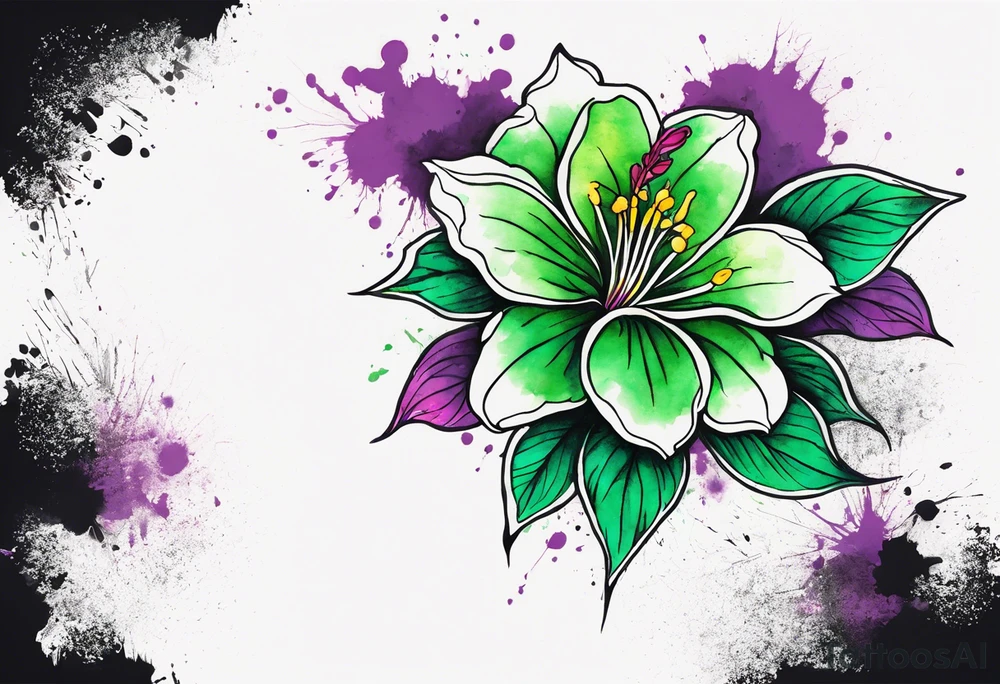 An outline of a rio dipladenia flower with a green and purple watercolor blotch splatter in the background tattoo idea