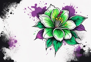 An outline of a rio dipladenia flower with a green and purple watercolor blotch splatter in the background tattoo idea