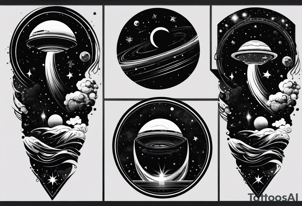 Create a full right leg tattoo design with a captivating space theme. The design should feature a prominent black hole as the central element, surrounded by swirling galaxies, stars, and nebulae. Include detailed depictions of planets and moons in various phases, with comets and meteor showers adding dynamic movement. The tattoo should have a balance of intricate patterns and bold contrasts, using deep blacks and shades of grey to create a mesmerizing and immersive cosmic scene. Make sure the design flows seamlessly from the thigh down to the ankle, incorporating the natural contours of the leg. tattoo idea