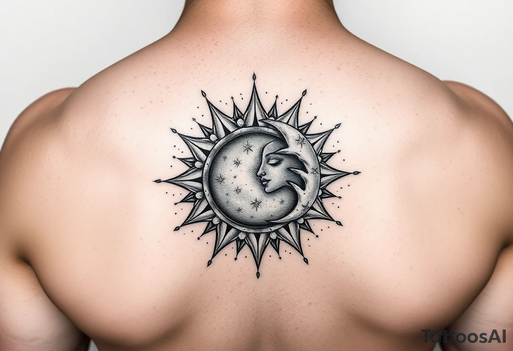 celestial sun and moon embrace with constellation patterns tattoo idea