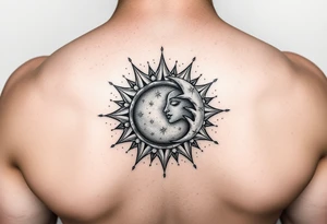 celestial sun and moon embrace with constellation patterns tattoo idea