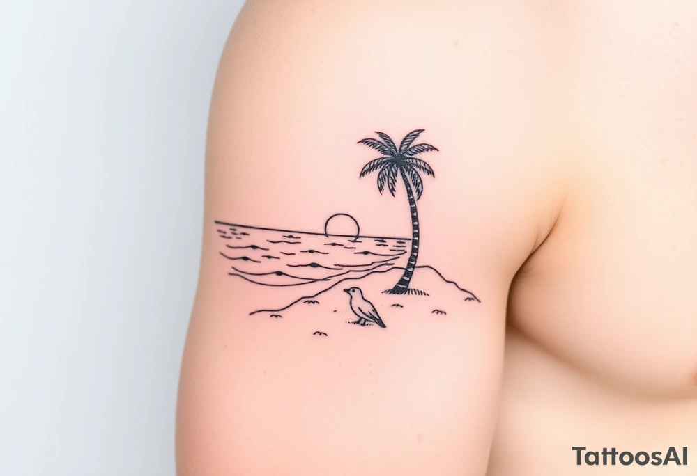 fine line, peaceful, serene, timeless, ocean, sand, palm tree, seagulls, sun tattoo idea