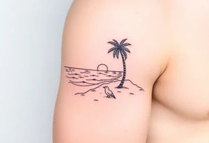 fine line, peaceful, serene, timeless, ocean, sand, palm tree, seagulls, sun tattoo idea