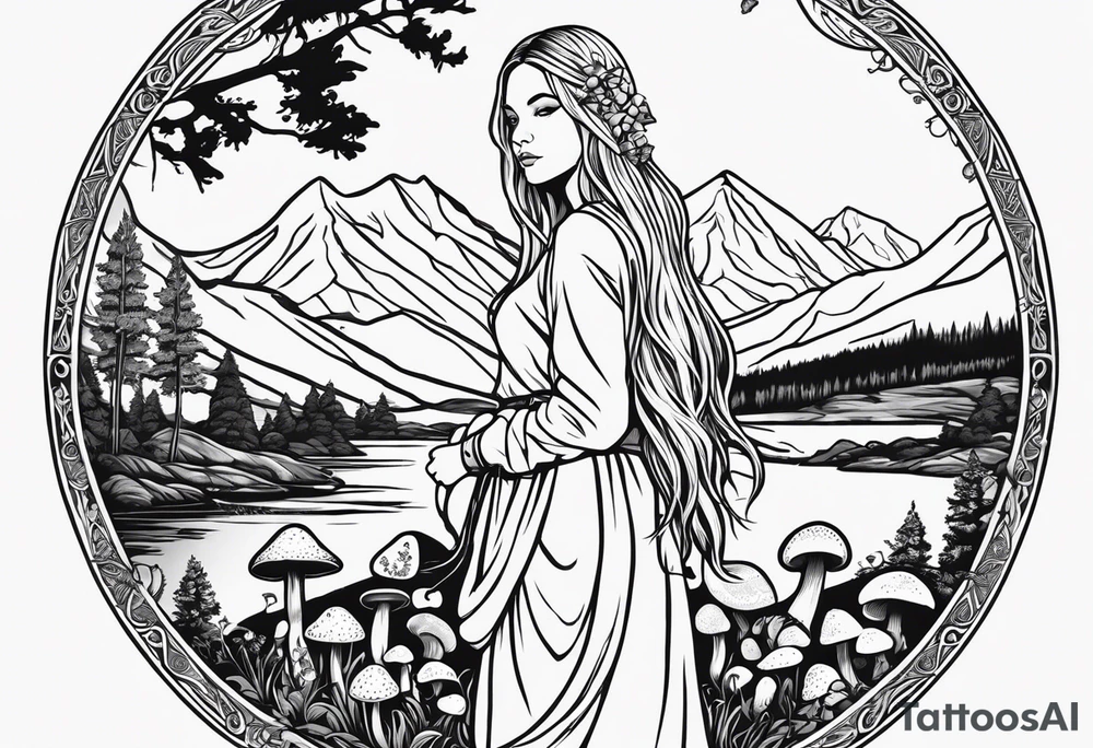 Whole picture encircled fully

Straight long blonde hair hippie girl in distance holding mushrooms in hand facing away toward mountains and creek surrounded by mushrooms long sleeve shirt and hiking pants; whole rendering within a full celtic circle, no cut off circle tattoo idea