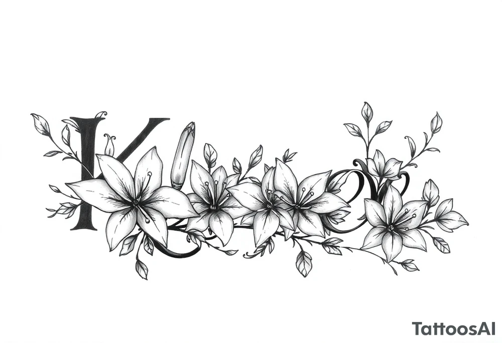 The word Kloee surrounded by big
lilies with the vines in letters tattoo idea