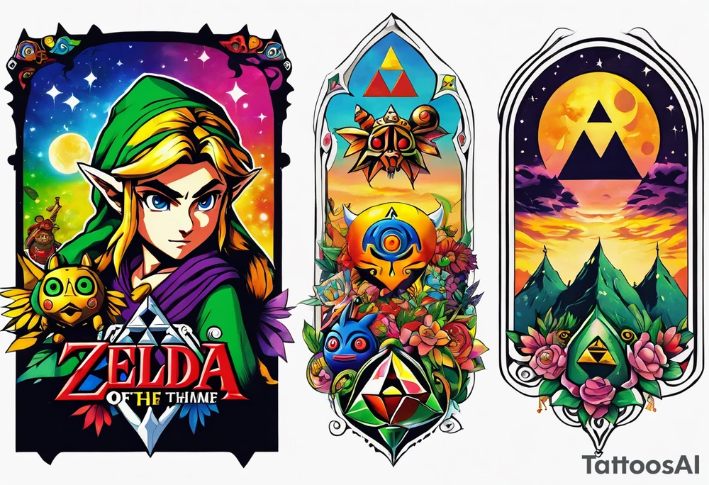 Legend of zelda ocarina of time and majoras mask full sleeve tattoo tattoo idea