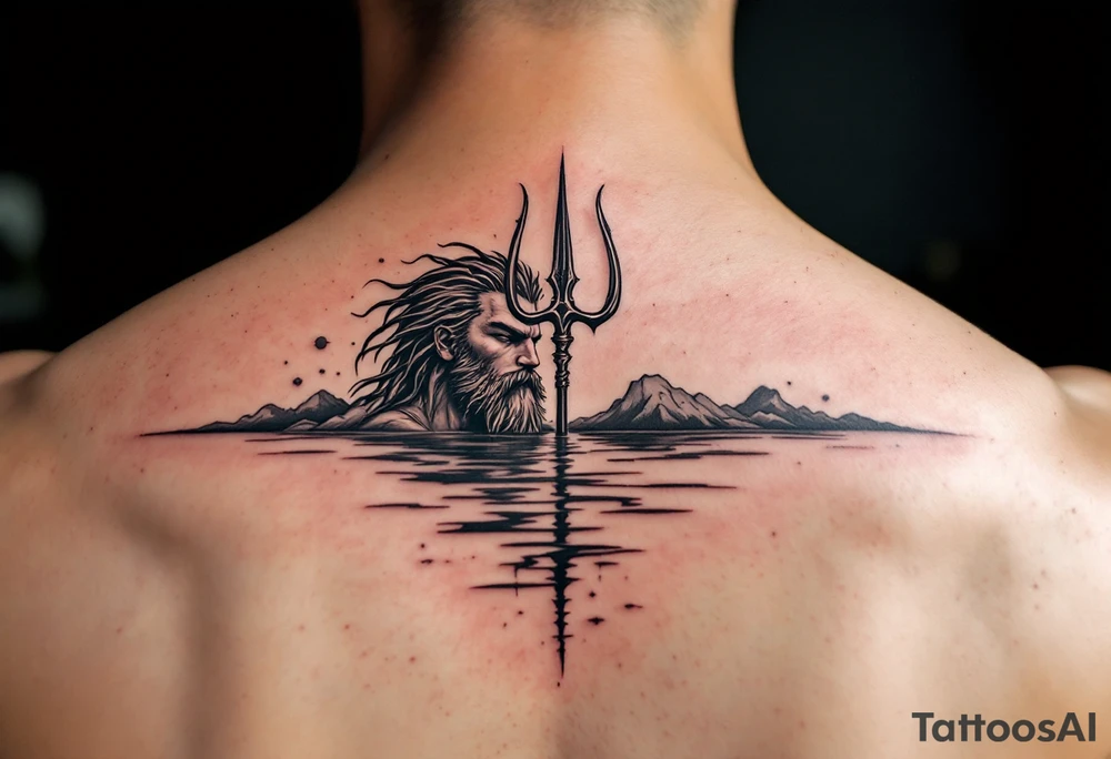 fit young poseidon with trident half way in calm water tattoo idea