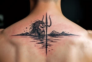 fit young poseidon with trident half way in calm water tattoo idea