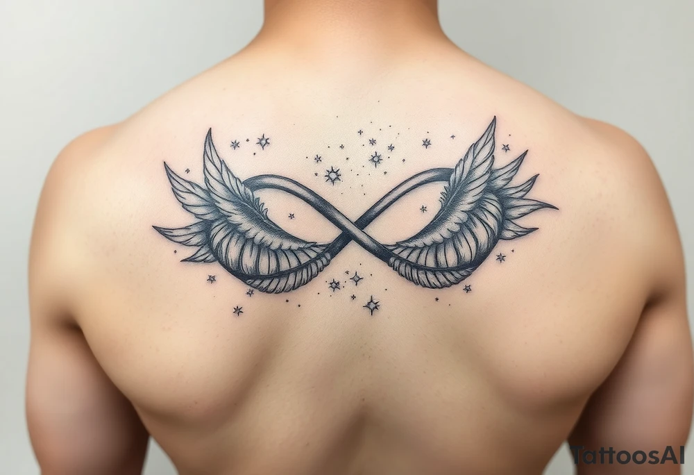 infinity symbol woven with floating feathers and stardust tattoo idea