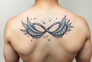 infinity symbol woven with floating feathers and stardust tattoo idea
