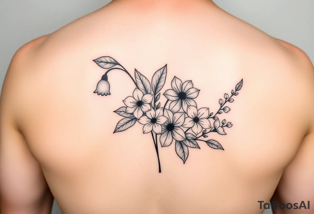Minimalist design in black bunch of flowers 1 lily of the valley 1 daffodil 1 holly 1 larkspur tattoo idea