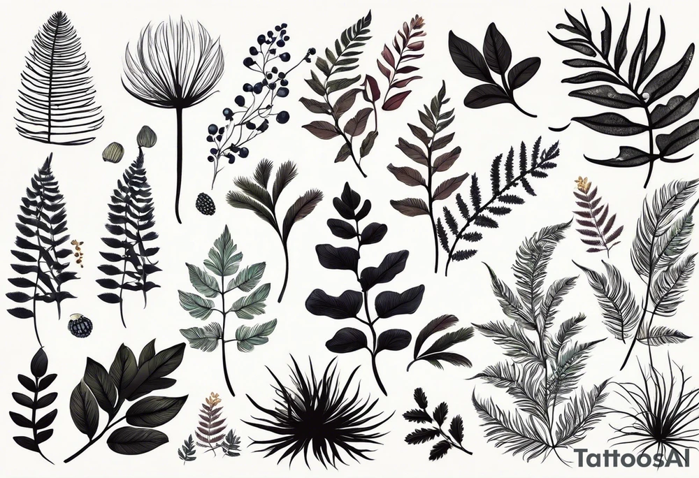 forest floor inspired minimalist tattoo, which includes grass, curly ferns, moss and dead leaves as the bulk of the tattoo. details to include: forest berries, a tiny bumblebee flying nearby, three small brown mushrooms
Generate a vertically long one tattoo idea
