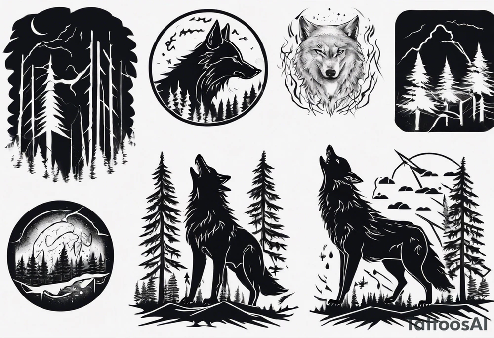 a thunder and lightning storm over a forest with a distant wolf howling and a drums tattoo idea a thunder and lightning storm over a forest with a distant wolf howling and a drums tattoo idea