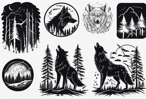 a thunder and lightning storm over a forest with a distant wolf howling and a drums tattoo idea
