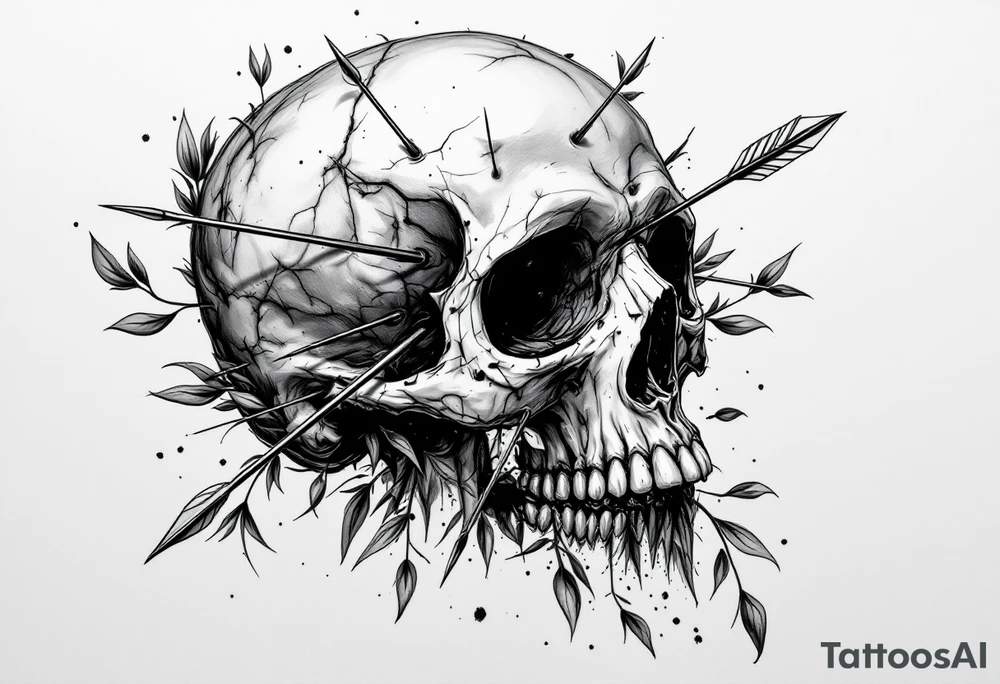 a skull whose head would be pierced by needles under the head come down an  arrow and surrounded around by a olive tree leaf tattoo idea