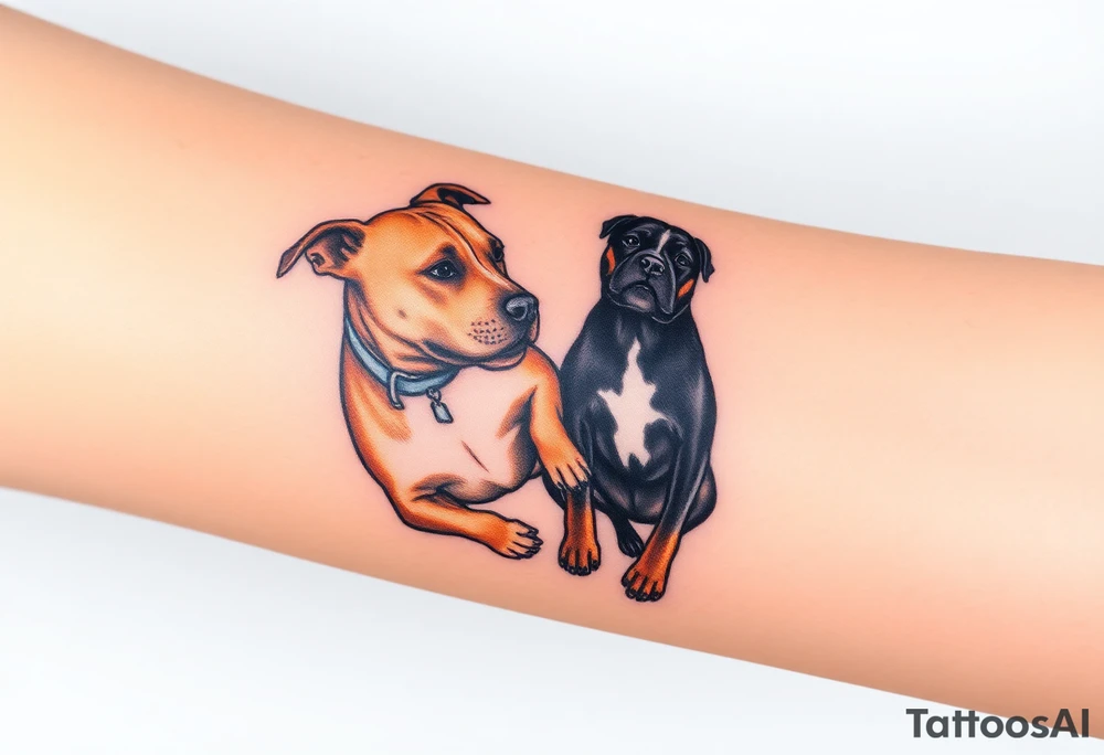 tan pitbull and black blue heeler dogs playing together tattoo idea